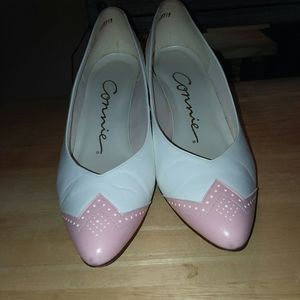 Connie Spectator Pink and White 3 in heels.